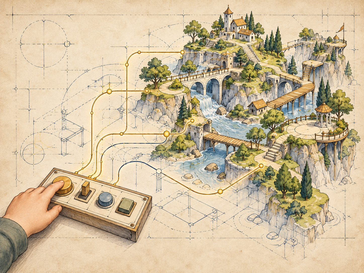 A child’s hand uses a small panel of clear controls connected by gold lines to an expansive constructed world of paths, bridges, buildings, and gardens.