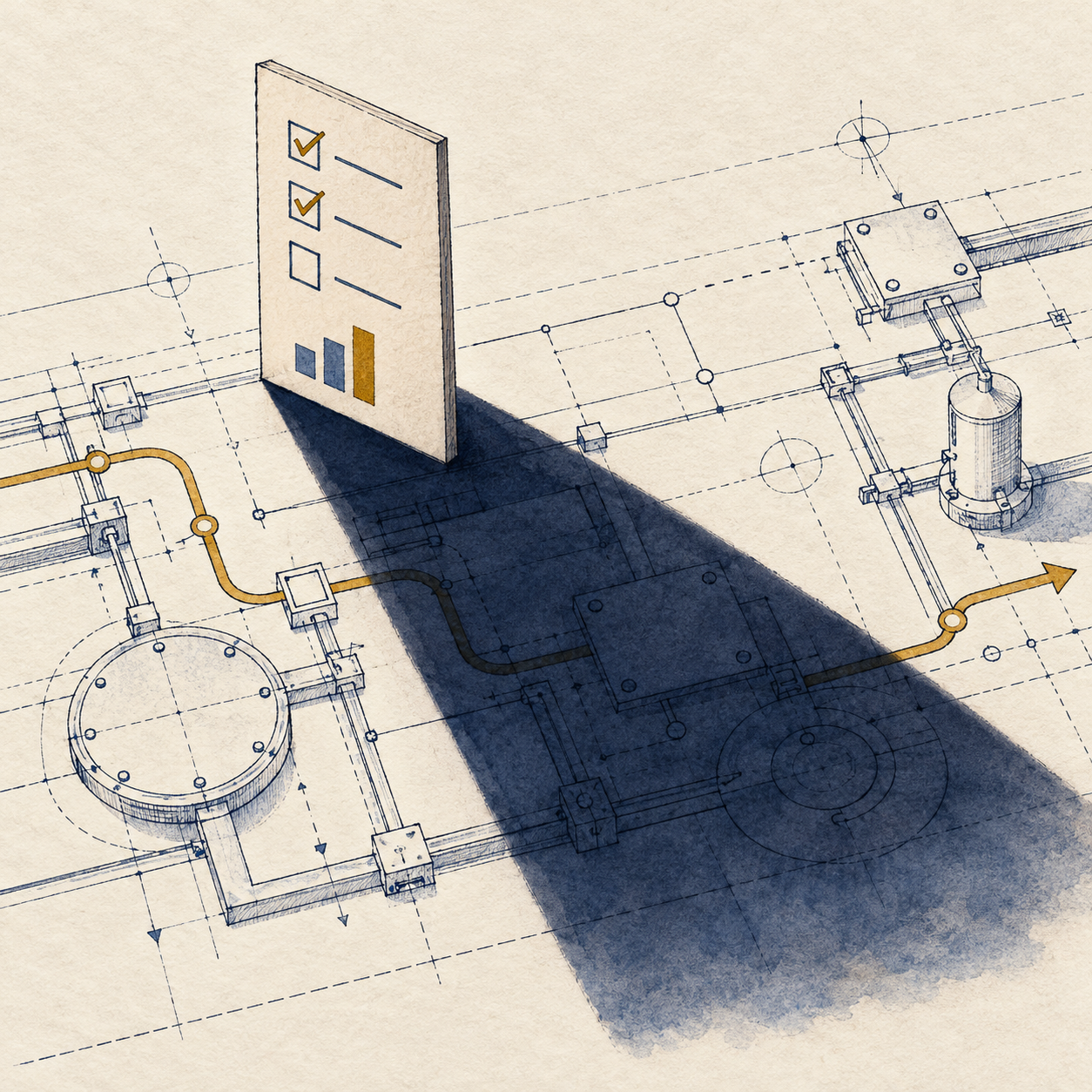 A tall measurement dashboard casts an oversized shadow across the machinery and workflow it is meant to represent.